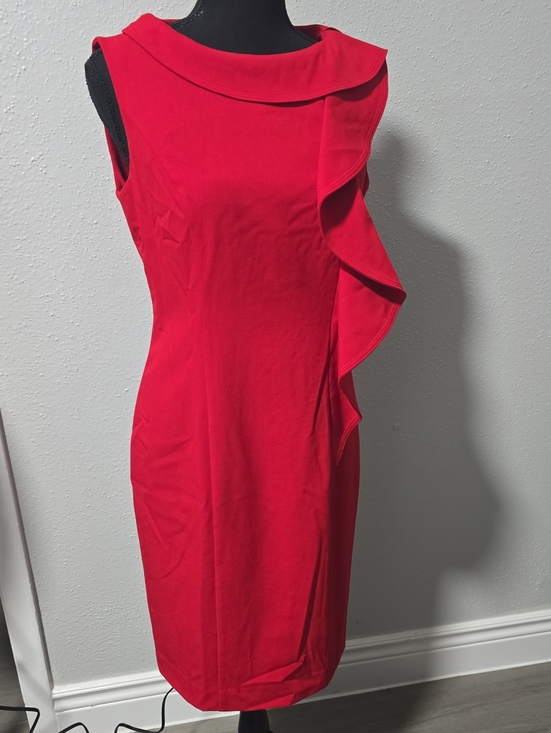 Calvin Klein Dresses & Skirts - Calvin Klein Red Sleeveless Midi Dress with Asymmetric Ruffle